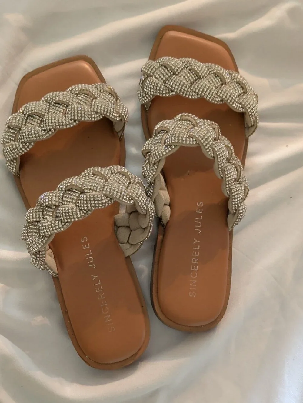 Sincerely Jules Champagne Braided Crystal Slide Sandals